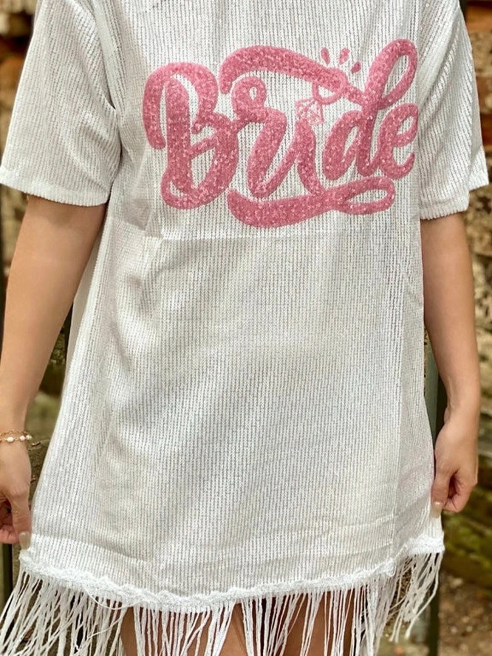 Peach Love Graphic “Bride” Fringe Dress